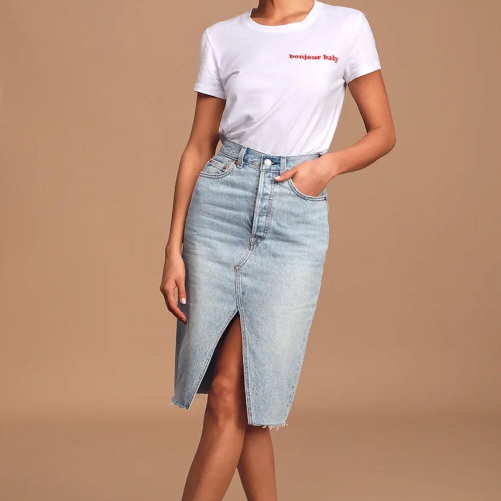 Deconstructed Light Wash Denim High-Rise Midi Skirt - Picture 4 of 4